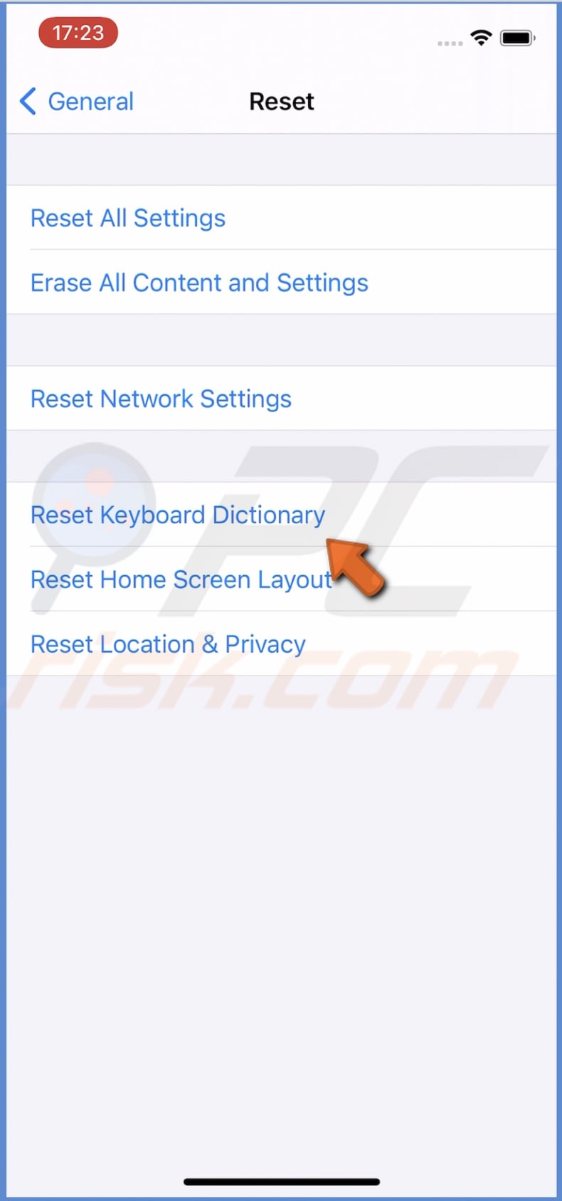 Tap on Reset Keyboard Dictionary