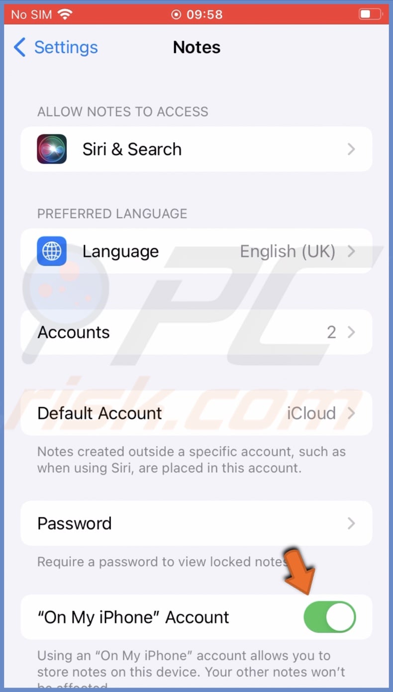 Turn on On My iPhone Account
