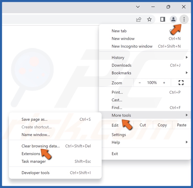 Select More tools and click Clear browsing data