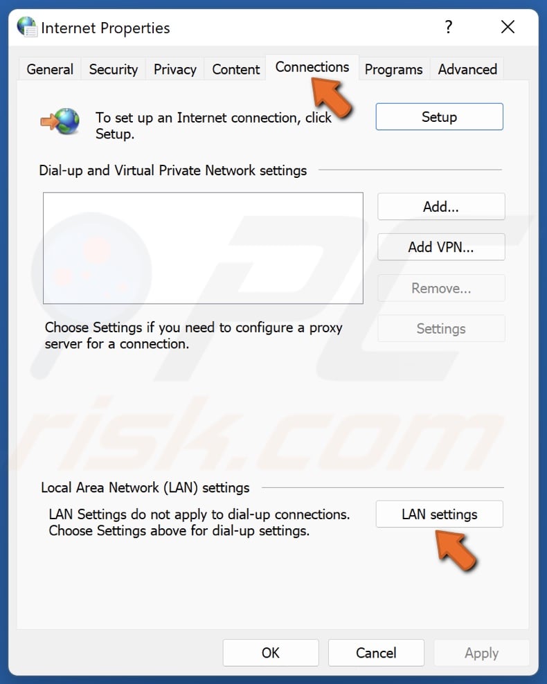 Select the Connections tab and click LAN settings