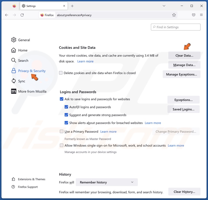 Select the Privacy & Security panel and click Clear Data