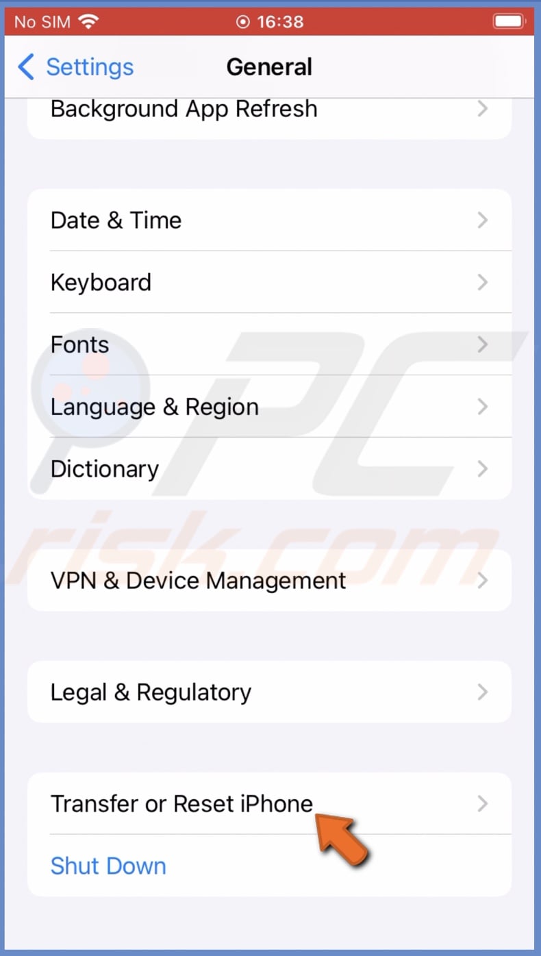 Go to Transfer or Reset iPhone