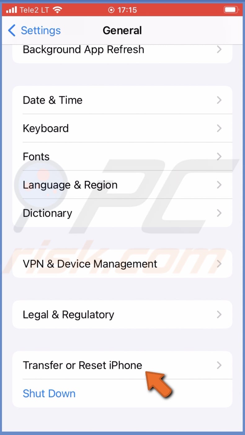 Tap on Transfer or Reset iPhone