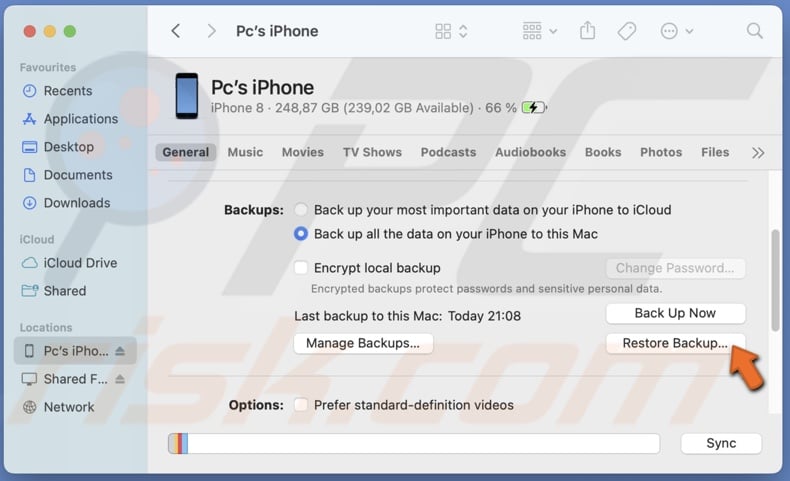 Click on Restore Backup