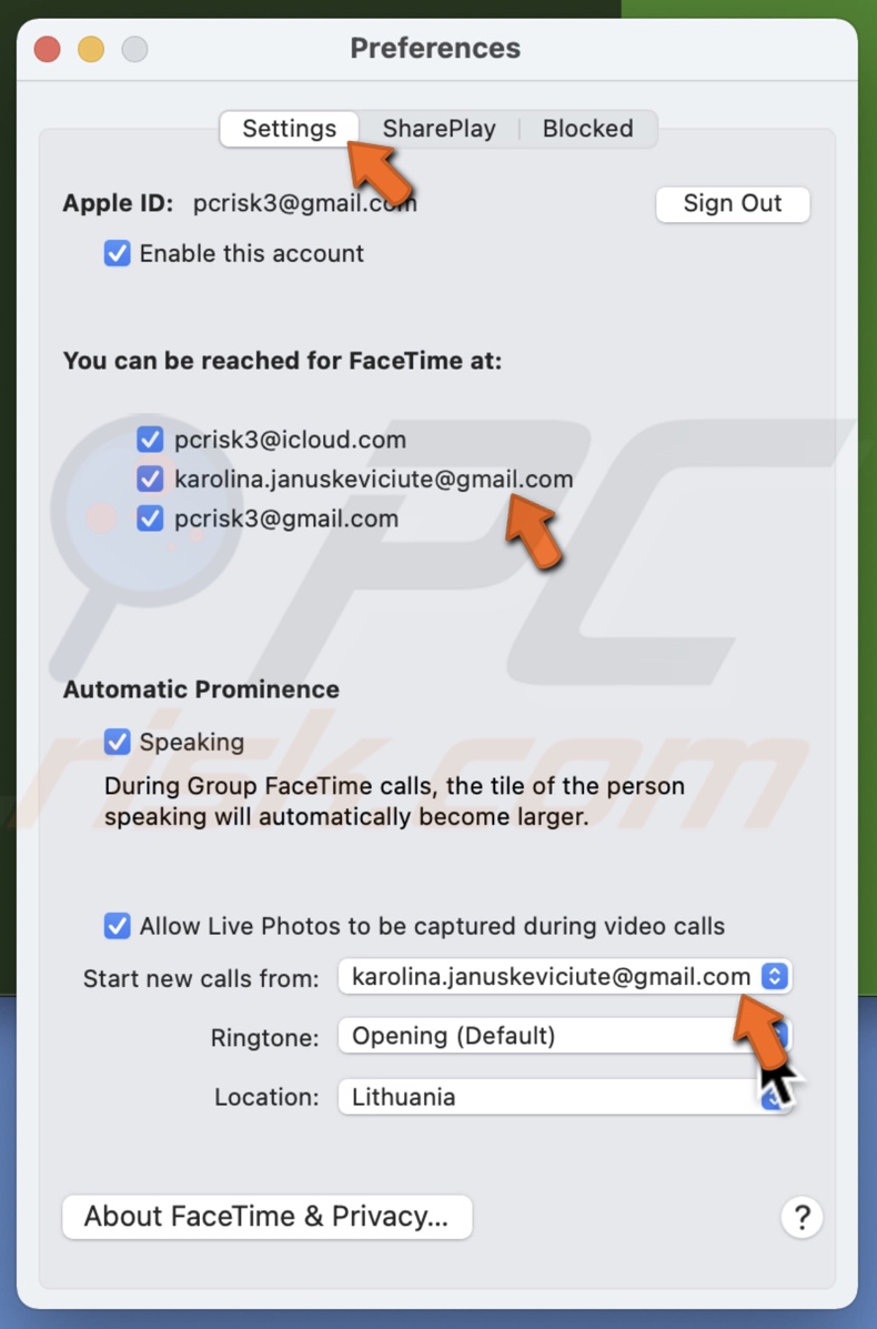 Use email in FaceTime on Mac