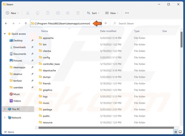 Type in C:Program Files(x86)Steamsteamappscommon and press Enter
