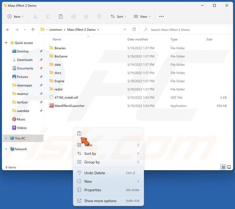 Access a game's folder and click Paste