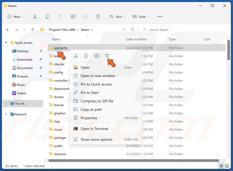 Right-click the appcahce folder and click Delete