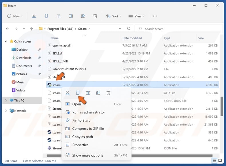 Right-click Steam.exe and click Copy