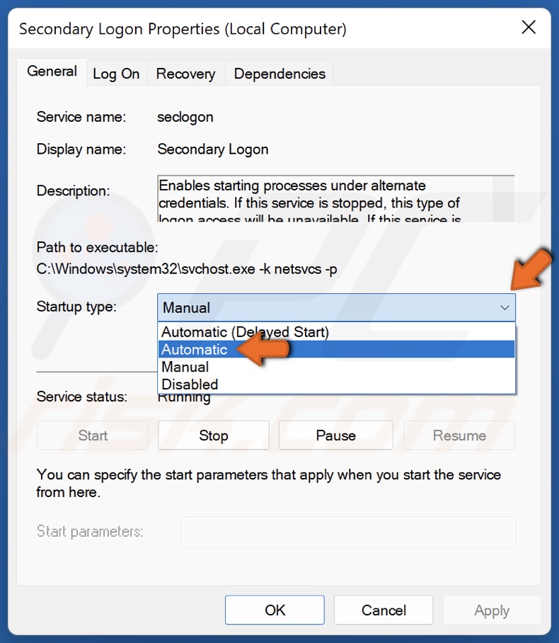 Open the Startup type drop-down menu and click Automatic