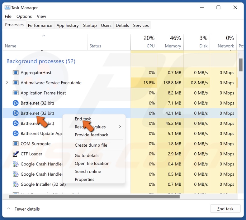 Right-click Battle.net and click End task