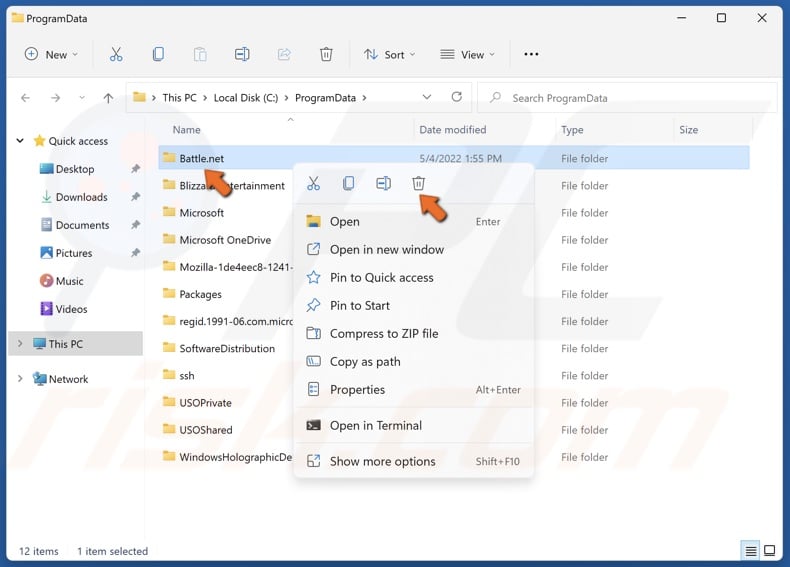 Right-click the Battle.net folder and click Delete
