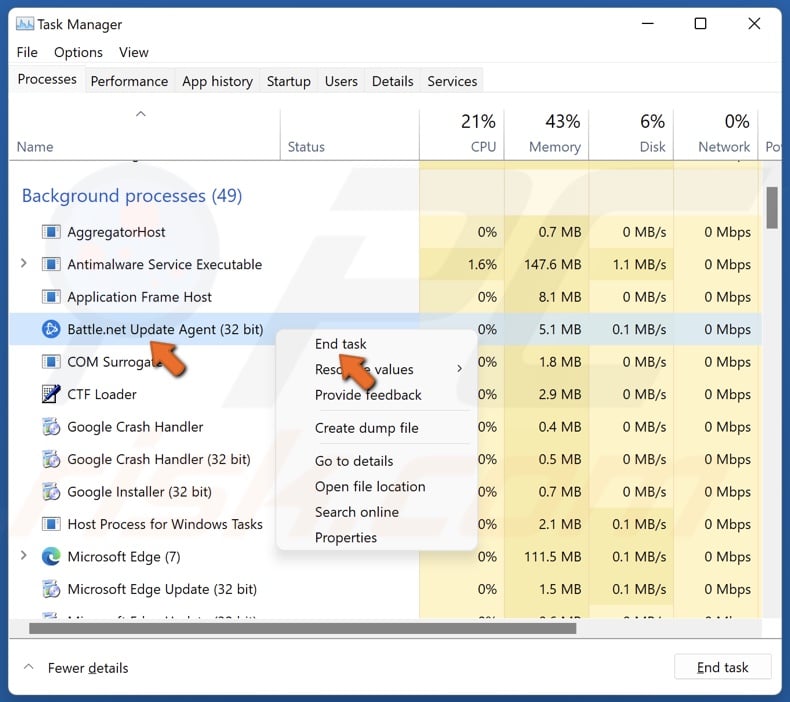 Right-click Battle.net Update Agent and click End task