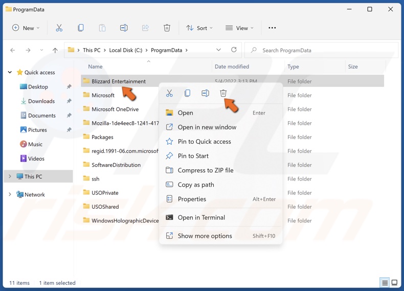 Right-click the Blizzard Entertainment folder and click Delete