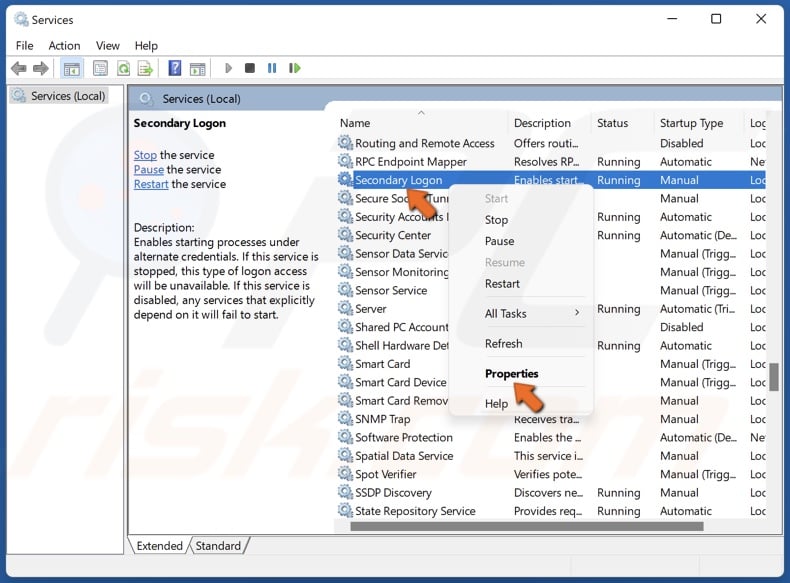 Right-click Secondary Logon and click Properties