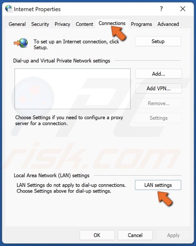 Select the Connection tab and select LAN settings