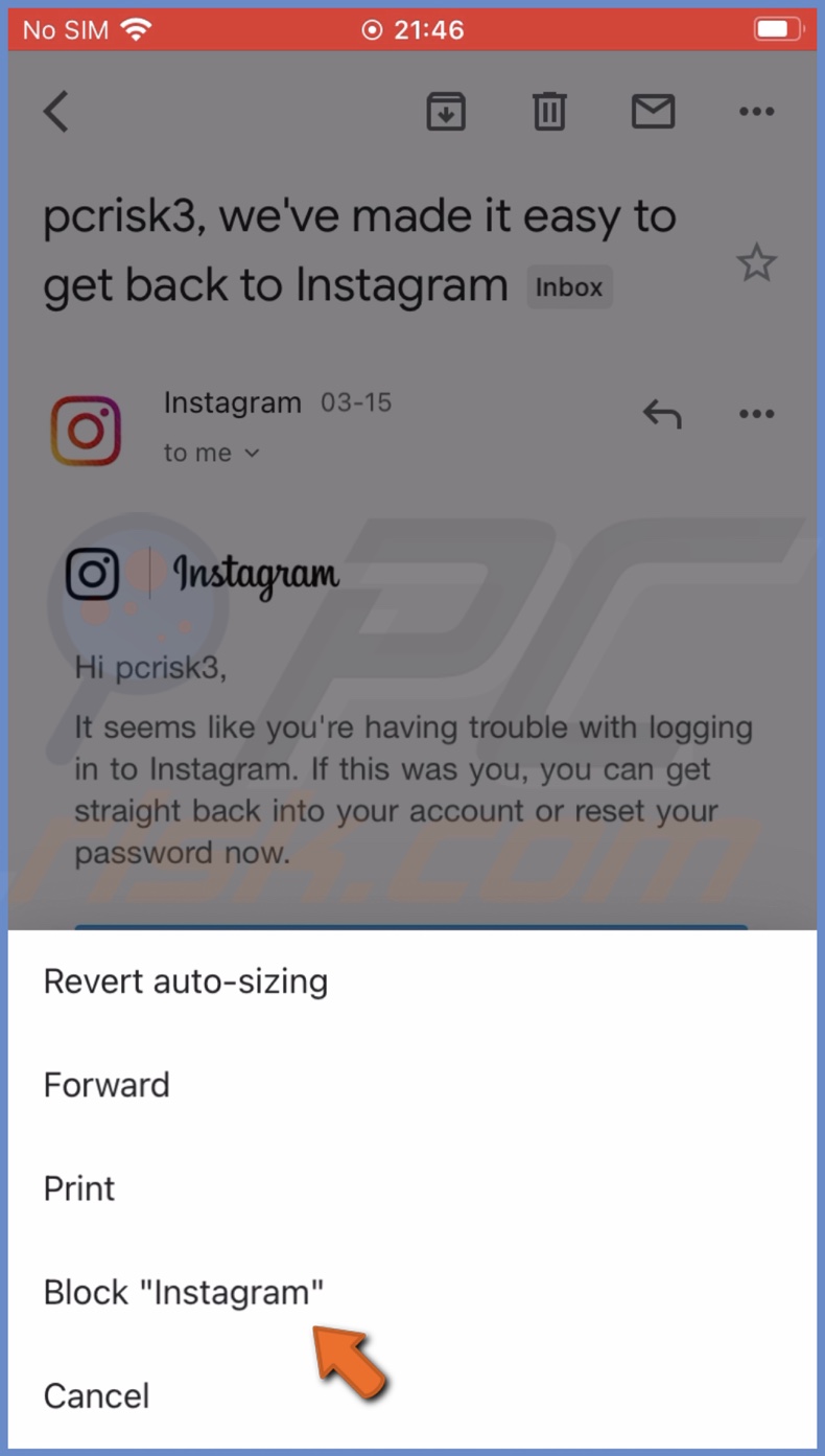 Tap on Block (sender name)
