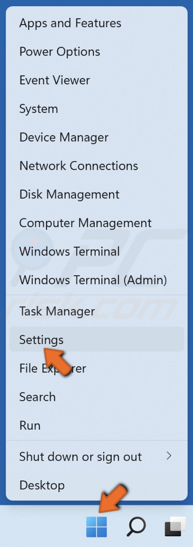 Right-click Start and click Settings