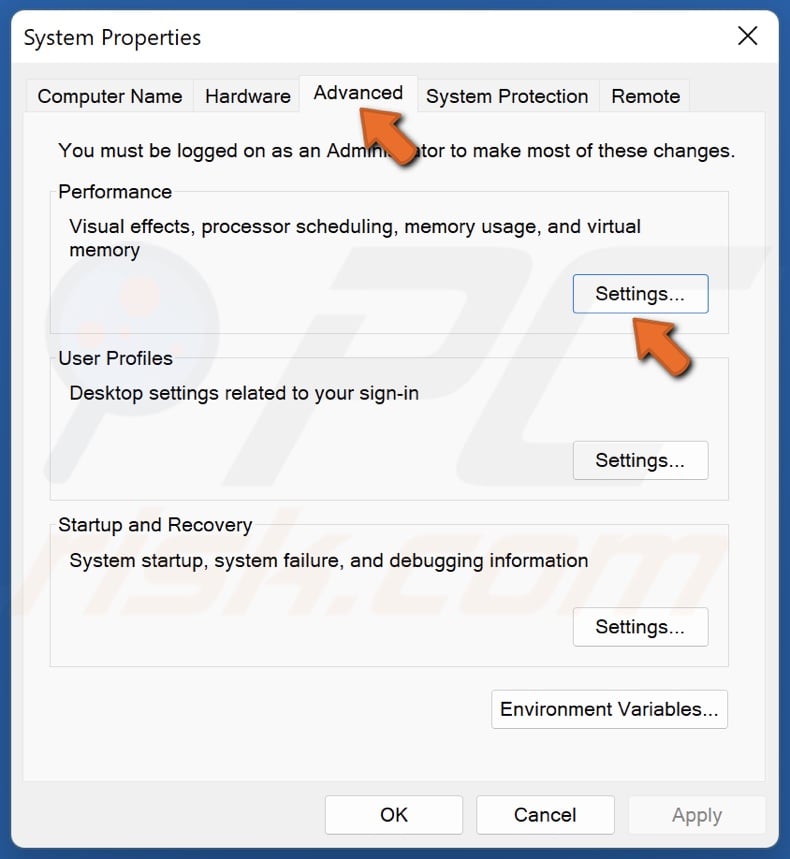 Select the Advanced tab and click Settings
