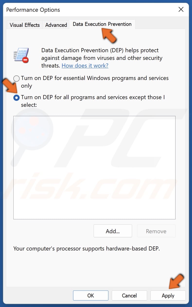 Select the DAta Execution Prevention tab and tick Turn on DEP for all programs and services except those I select
