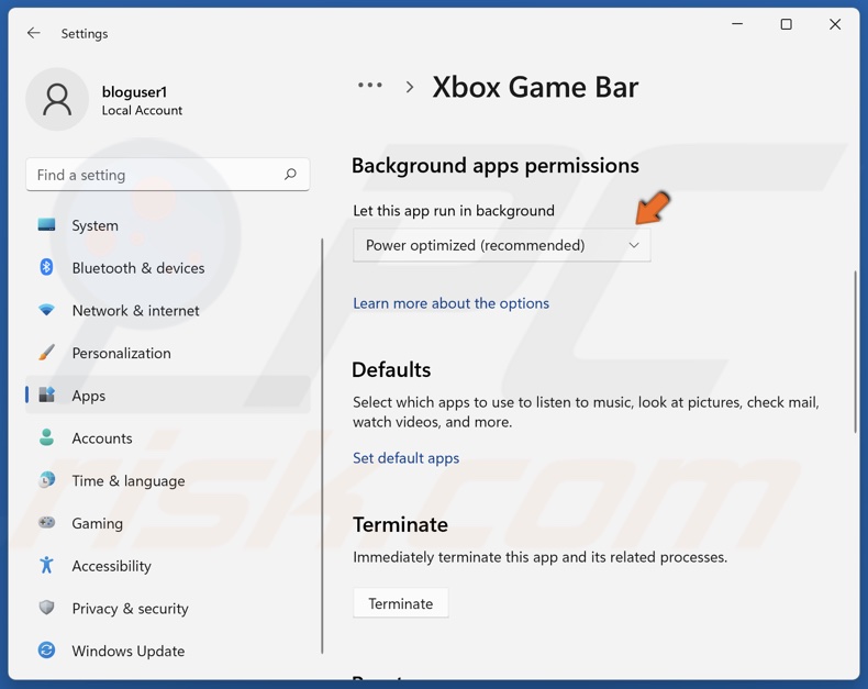 Open the Background apps permissions menu