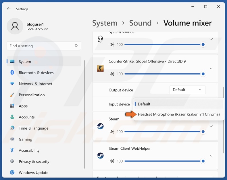 Open the Input device menu for CS:GO and select your microphone