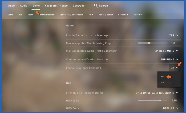 Open the Enable Developer Console drop-down menu and select Yes