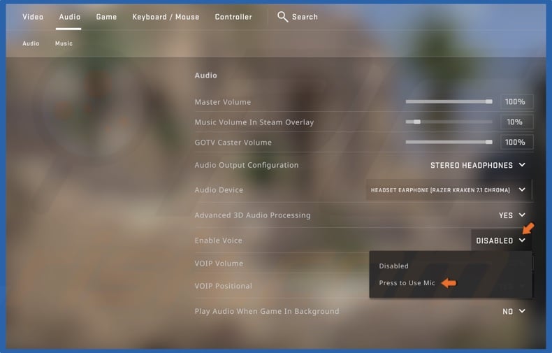 Open the Enable Voice drop-down menu and select Press to Use Mic