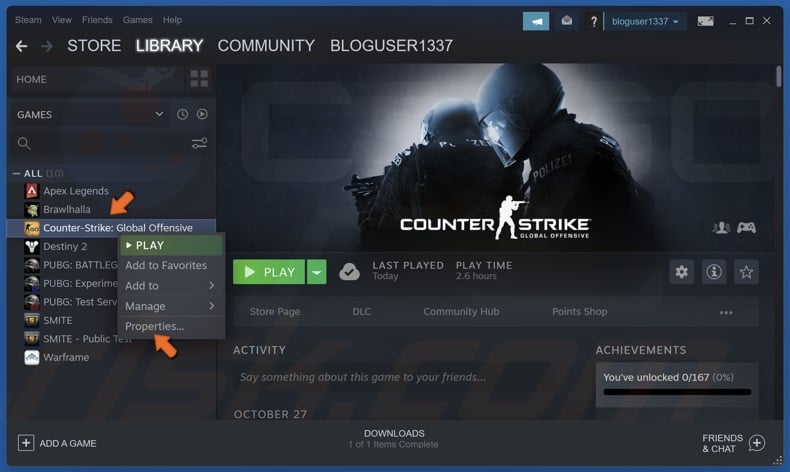 Right-click CS:GO and click Properties