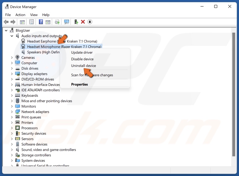 Right-click your microphone and click Uninstall device