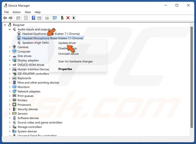 Right-click your microphone and click Update driver