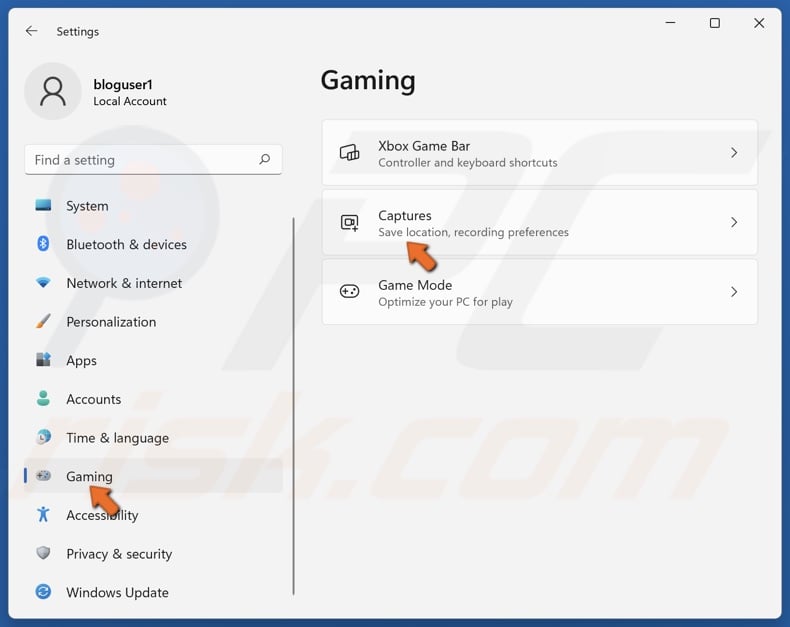 Select the Gaming tab and click Captures
