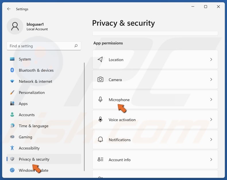 Select Privacy & security and click Microphone