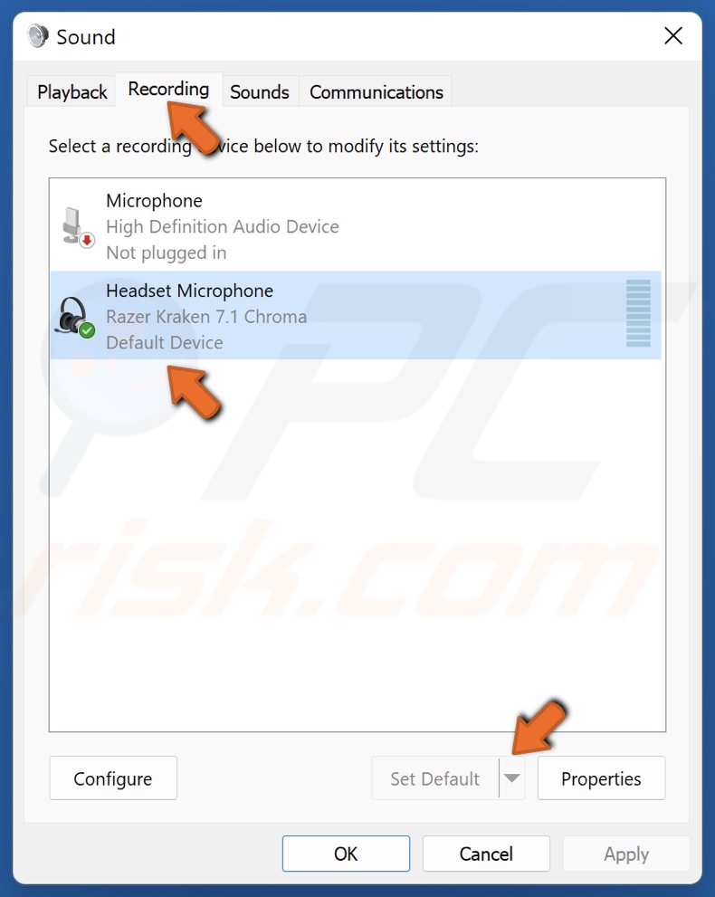 Select the Recording tab and select your preferred microphone