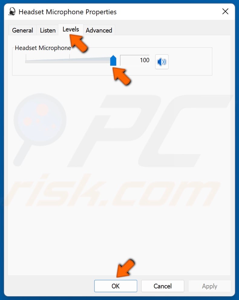 Select the Levels tab and set Microphone level to high