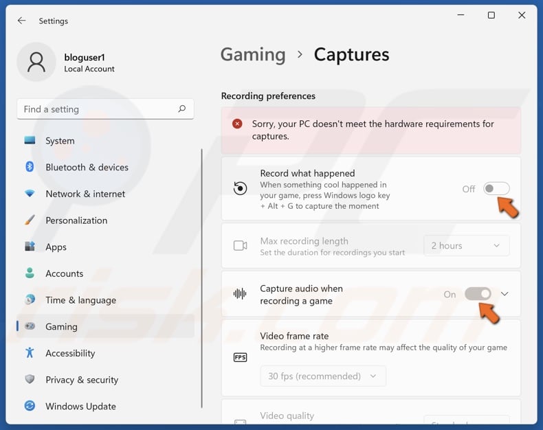 Toggle off the Record what happened and Capture audio when recording a game options