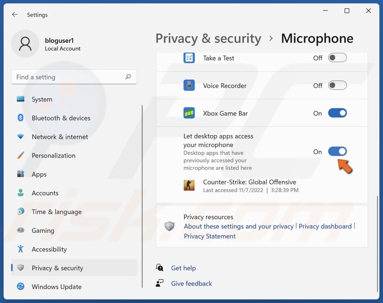 Toggle on Let desktop apps access your microphone