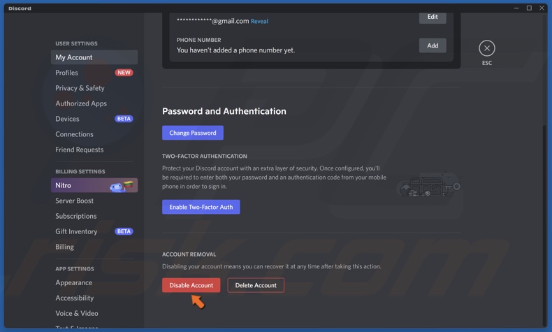 In the My Account panel, click Disable Account