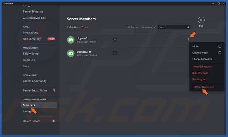 Select Members, click the three vertical dots next to a user's name and click select Transfer Ownership