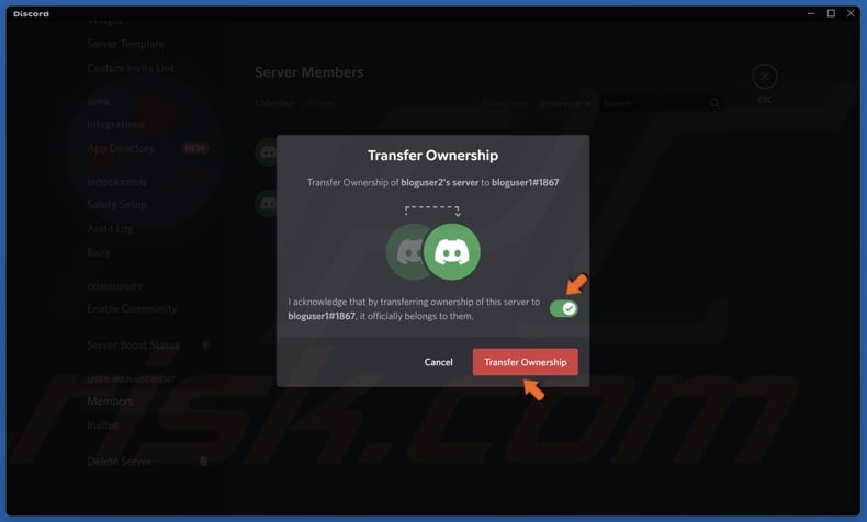 Toggle the slider and click Transfer Ownership