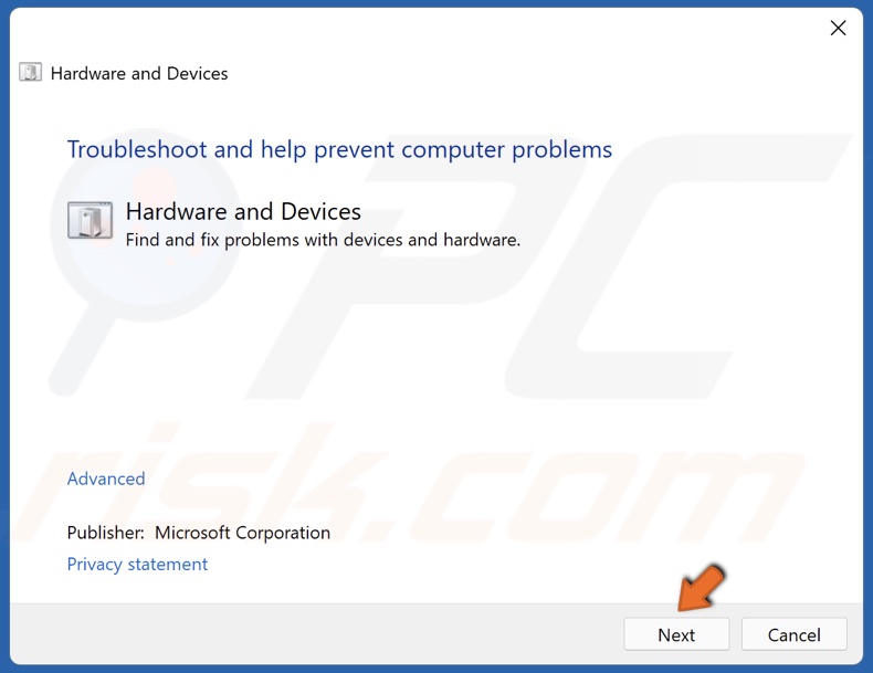 Click Next in Hardware and Devices troubleshooter