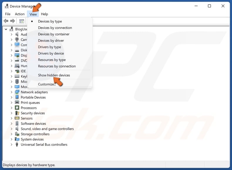 Click View in the toolbar and click Show hidden devices