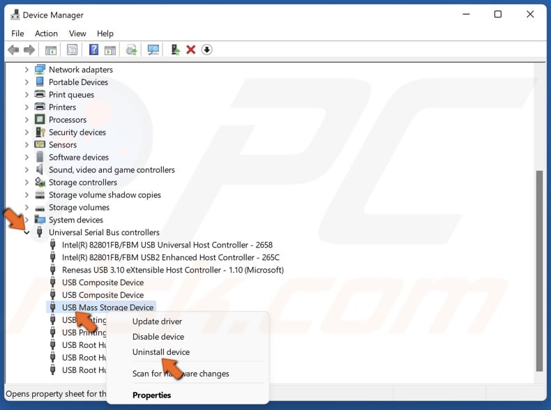 Right-click Unknown USB Device and click Uninstall device