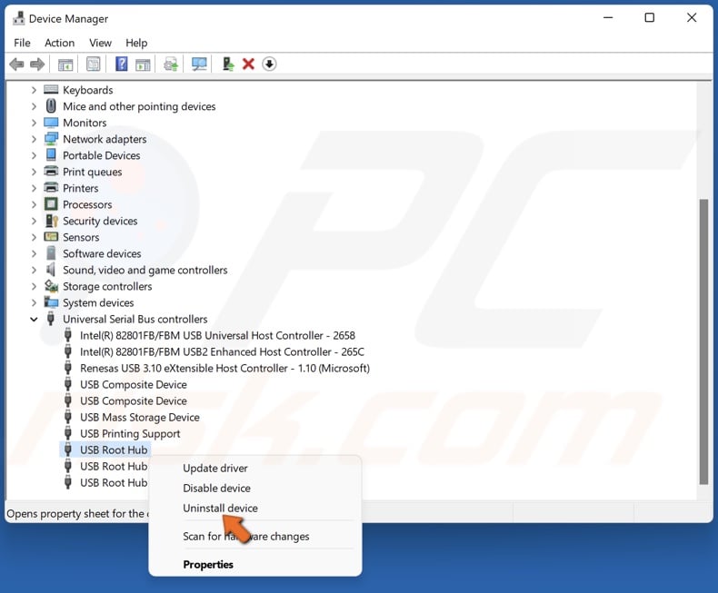 Right-click Generic USB Root Hub and click Uninstall device