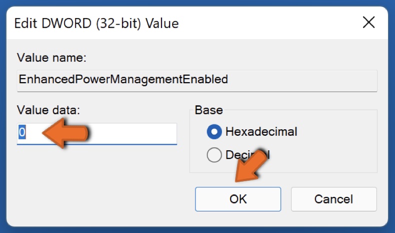 Set Value data to 0 and click OK
