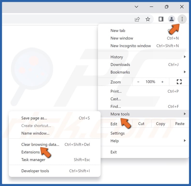 Click the ellipsis, select More tools and click Clear browsing data