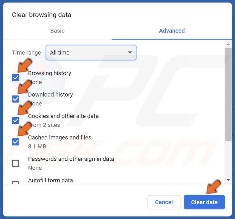 Mark the Browsing history, Download history, Cookies and other site data, and Cached images and files checkboxes and click Clear data