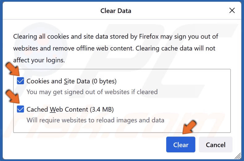 Mark Cookies and Site Data and Cached Web Content and click Clear