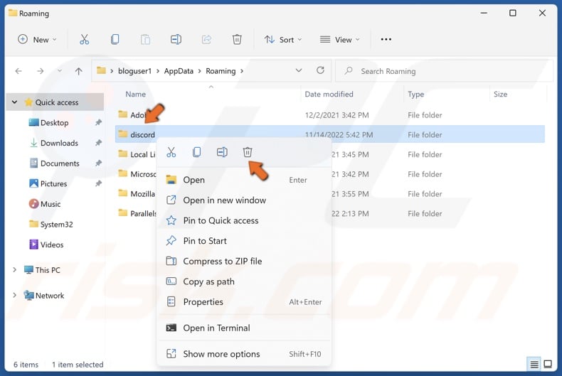 Right-click the Discord folder and click Delete