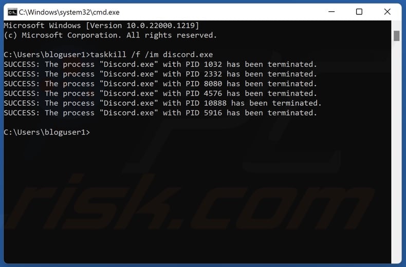 Run the taskkill /f /im discord.exe command